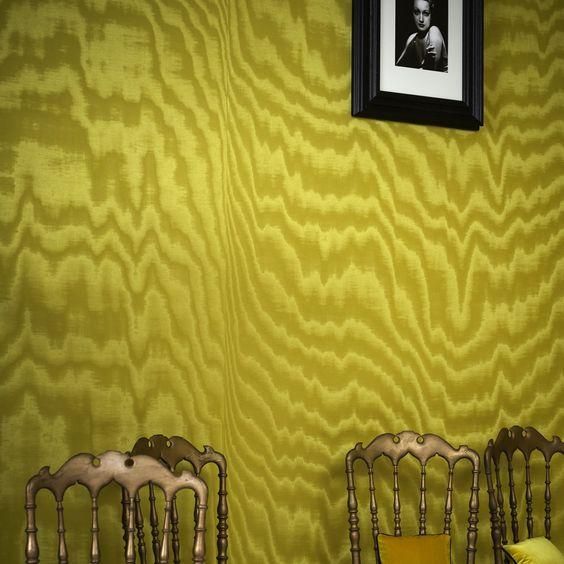 Mustard yellow moire wallpaper behind antique gilt chairs